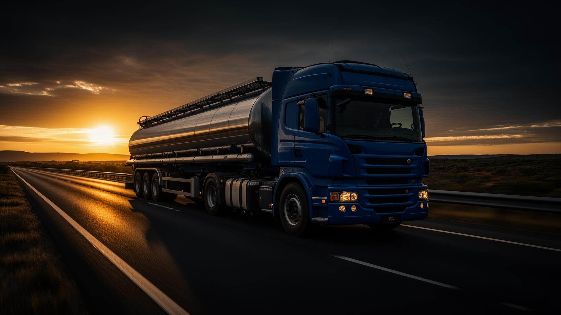 Diesel tanker on highway at dusk